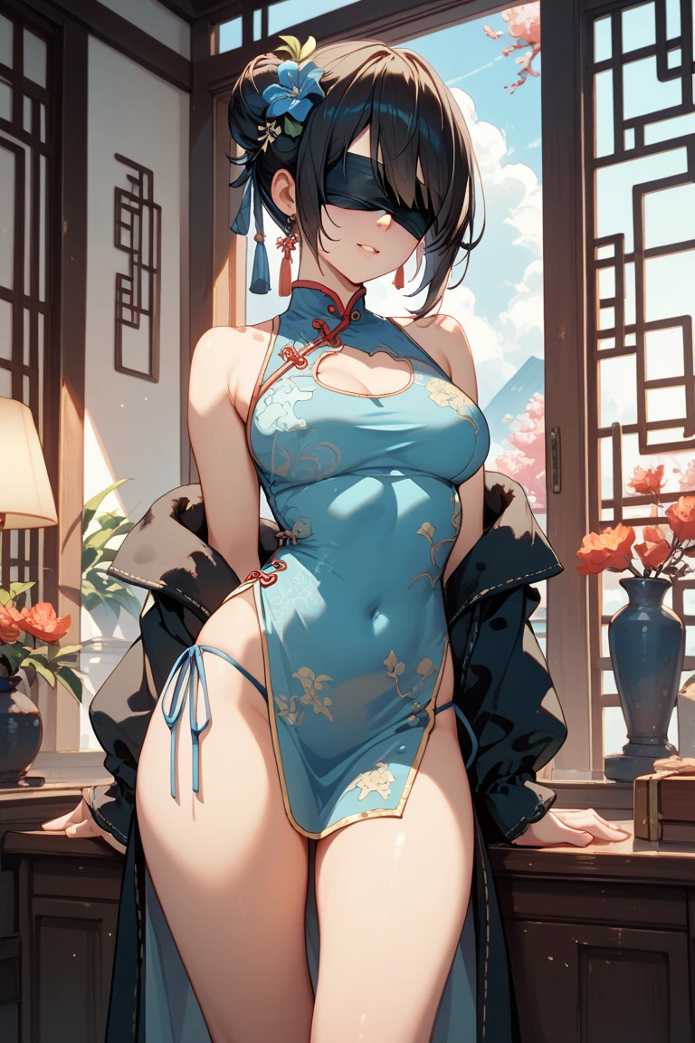Detailed details,bodystocking,Kizi ,on cheongsam,short detailed hair,Clothes open,Tattooed with,The bra is exposed,Panties exposed,Leg to knee,with thin legs,on top of the bed,Get wet,white legwear,Blushing,the night,rosette,rays of moonlight,There are petals around,8K,Lewd expression,exposed ,Nipples can be seen,Exposed genitals