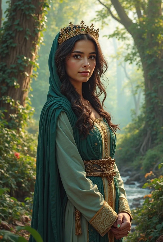 I want a picture of a confident Arab girl in the forest wearing a crown