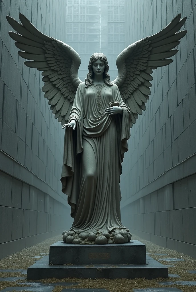 greek statue of an angel on a darker rainy background outdoors with blue aesthetics throughout the image