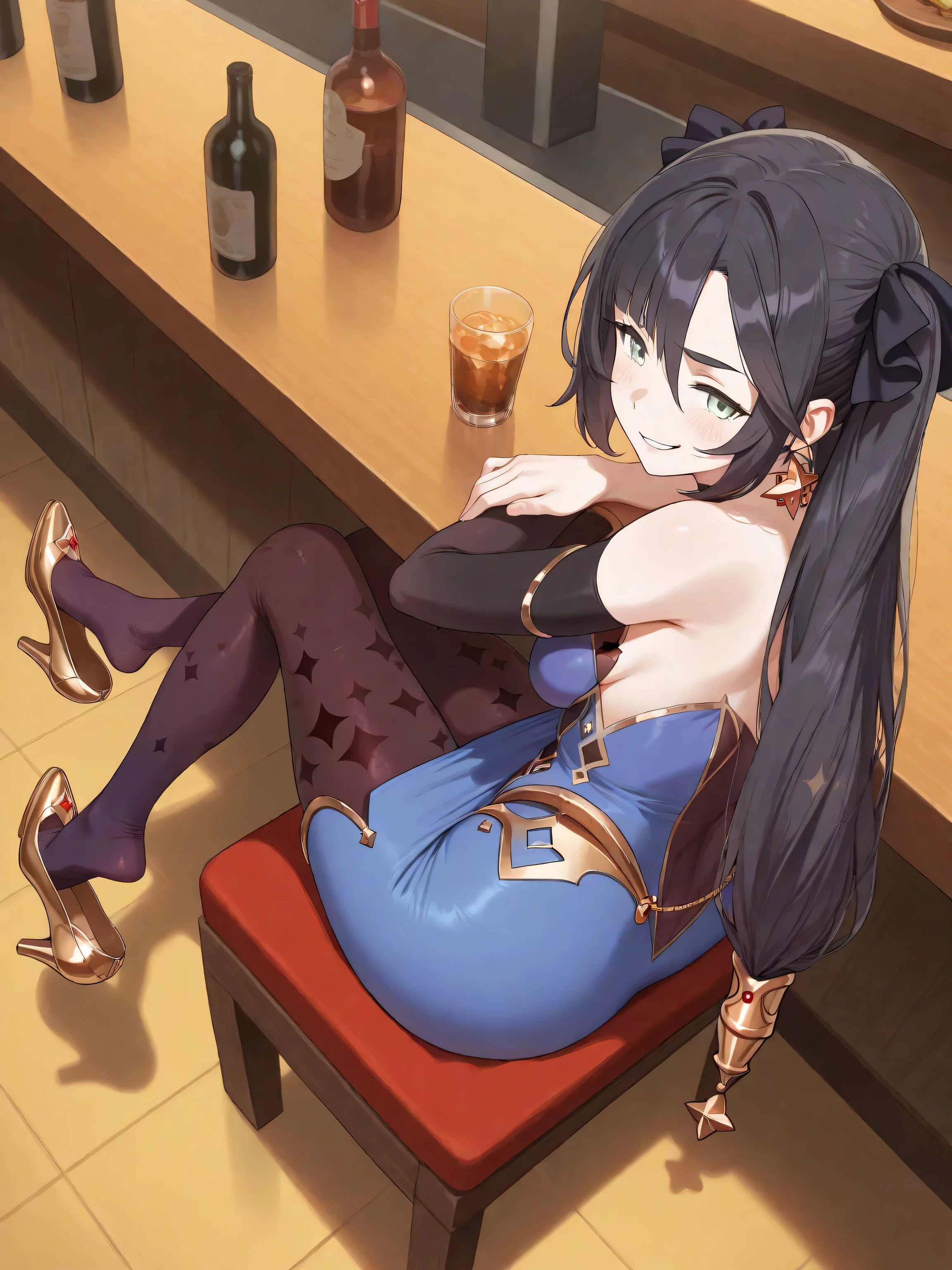 Mona face:1.0, adult mature Mona:1.0, Mona outfit:1.0, Mona golden shoes:1.0, Mona purple pantyhose:2.0, shoe dangle:2.0, Mona sitting on a restaurant's bar, two thirds profile, high angle shot, HDR, perfect face, green eyes, smirk, playing with her hair, lost in thought