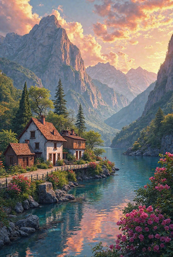 a small village by the river, mountains in the background, floral flowers colorful, detailed landscape, Beautiful natural landscapes, atmospheric lighting, scorching sunset, warm colours, practical, photopractical, Detailed Foliage, complex buildings, cobblestone street, Charming country house, swirly vibrant colors, lush vegetation, Still water reflections, Picturesque, idyllic, work of art, best qualityer, 8k, extremely detaild,anime styling