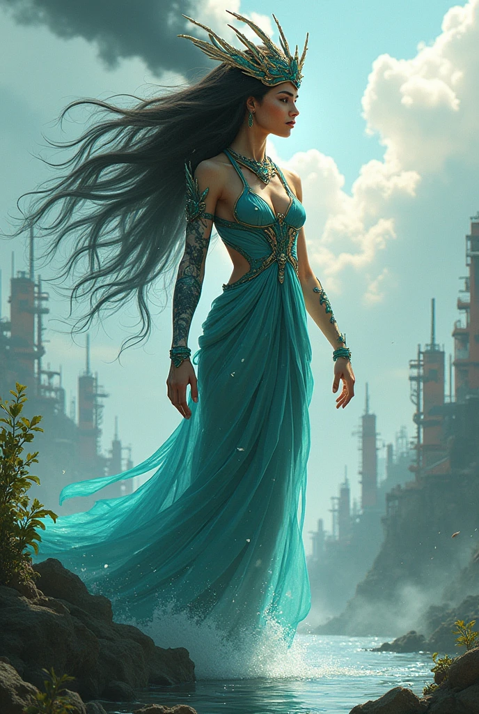 digital and cartoon art create a jpg image of the character in a realistic but not difficult way                                                   (Goddess of Pollution and Ecological Balance)
history: Polluxia was born as a dual force;  in the beginning , only represented pollution, but over time he evolved to also personify hope and ecological balance. Mission is to show how humans can coexist with nature.

Physical characteristics: She has a body half contaminated and half pure; an arm seems made of black smoke and melted plastic, while the other shines like clean crystal. His hair flows like a river.

powers:

Purifying contaminated environments or, On the contrary, expand pollution.

Manipulating the elements of nature and industry, like water, air, fire and chemicals.

Invoking hybrid creatures such as metal birds or mechanical plants.