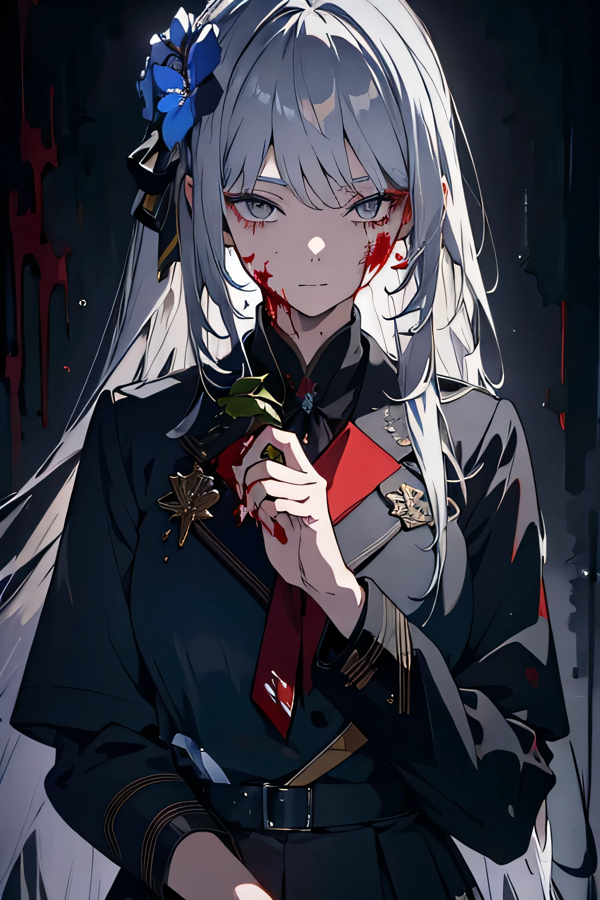 (masutepiece)(high-detail)(Angle from above)male in his 20s、white hair、poneyTail、tailcoat、neck tie、The hat is falling off、Blood on face and body、injury、Clothes are slightly torn、lying on the asphalt、Bandage on the arm、Expression of melancholy、very heavy rain、dark backgrounds