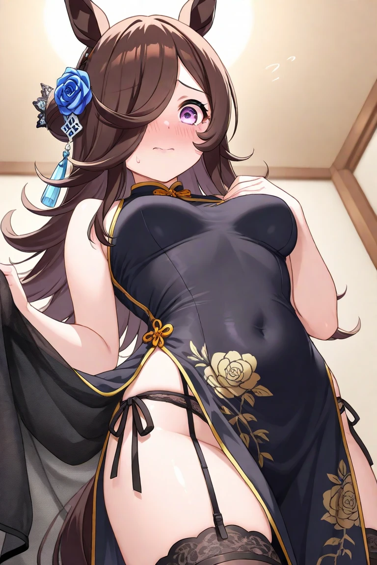 Masterpiece, top quality, best quality, official art, beautiful and aesthetic, anime, 1girl,extremely detailed, colorful, more detailed ((ultra-detailed)), (highly detailed CG illustration),(small breast:1.2),hyuuga hinata, Chinese dress,cleavege, stockings in middle,from below,from behind,upskirt,lace panties,village,night,stars.