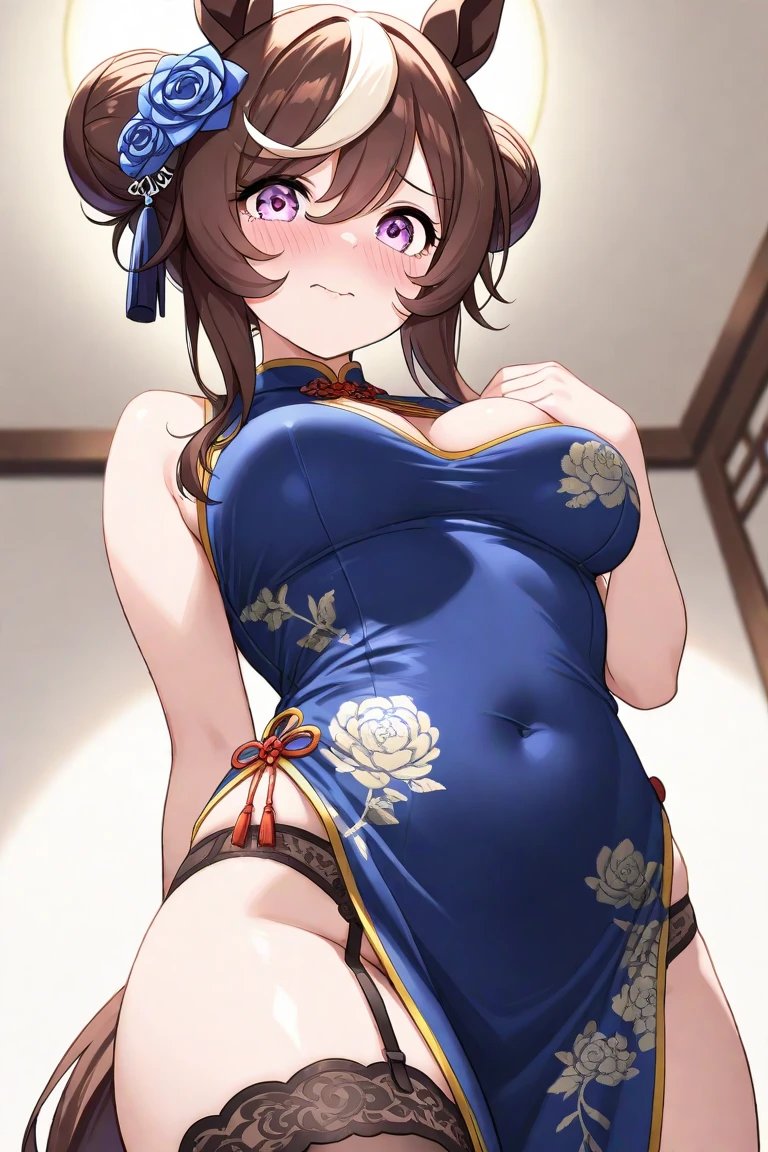 (masterpiece), 1girl, solo, standing in a japanese traditional house, cleavage, hanging breasts, leaning forward, wide hips, big and round ass, horny face, Thick thighs, cleavage cutout, looking at viewer, underwear only, white bra, hands on hips, big breasts