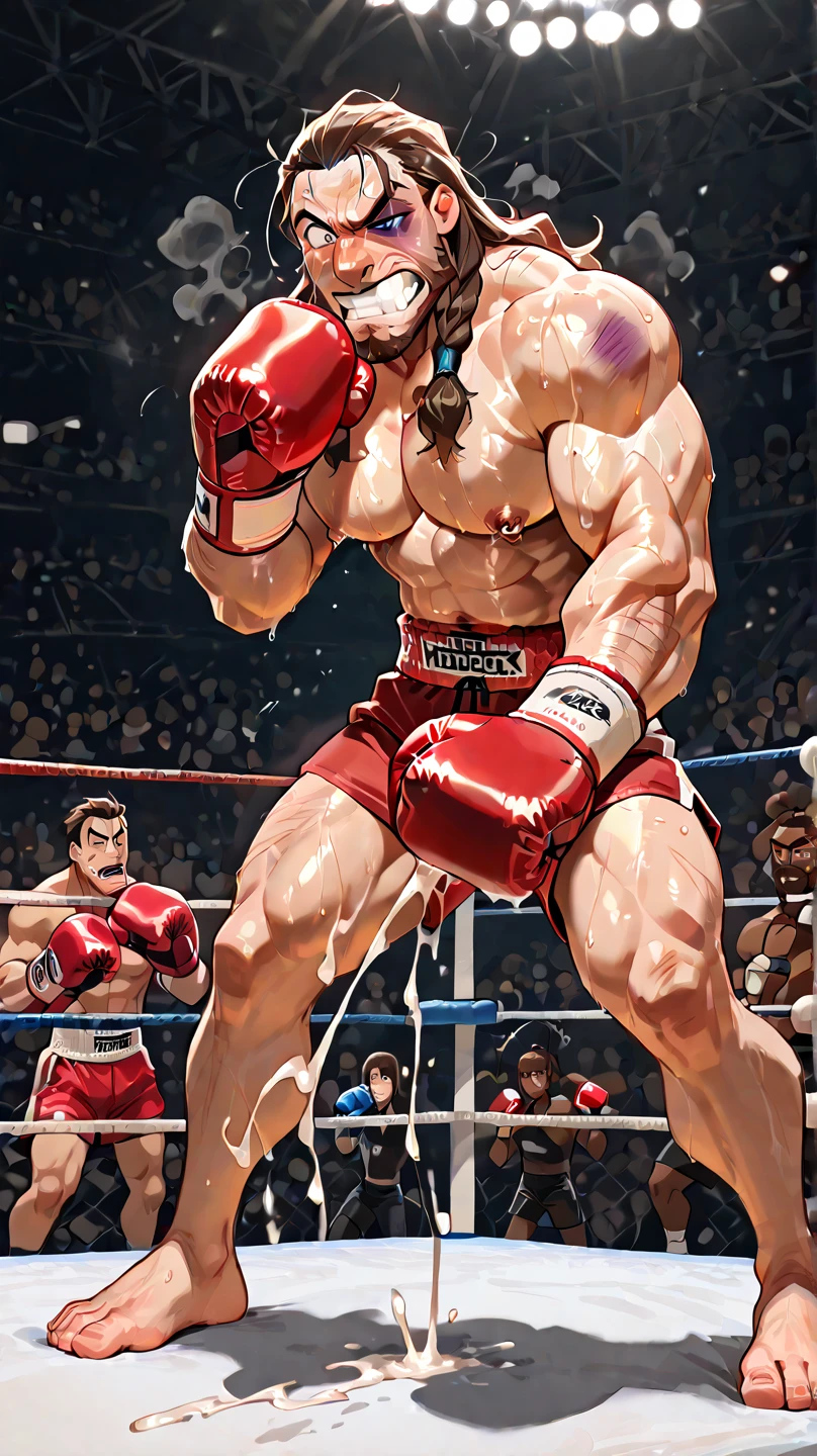 Desi Wrestler in jockey trunks flexes hamstring while trampling on opponents chest with red chief boot in domination style