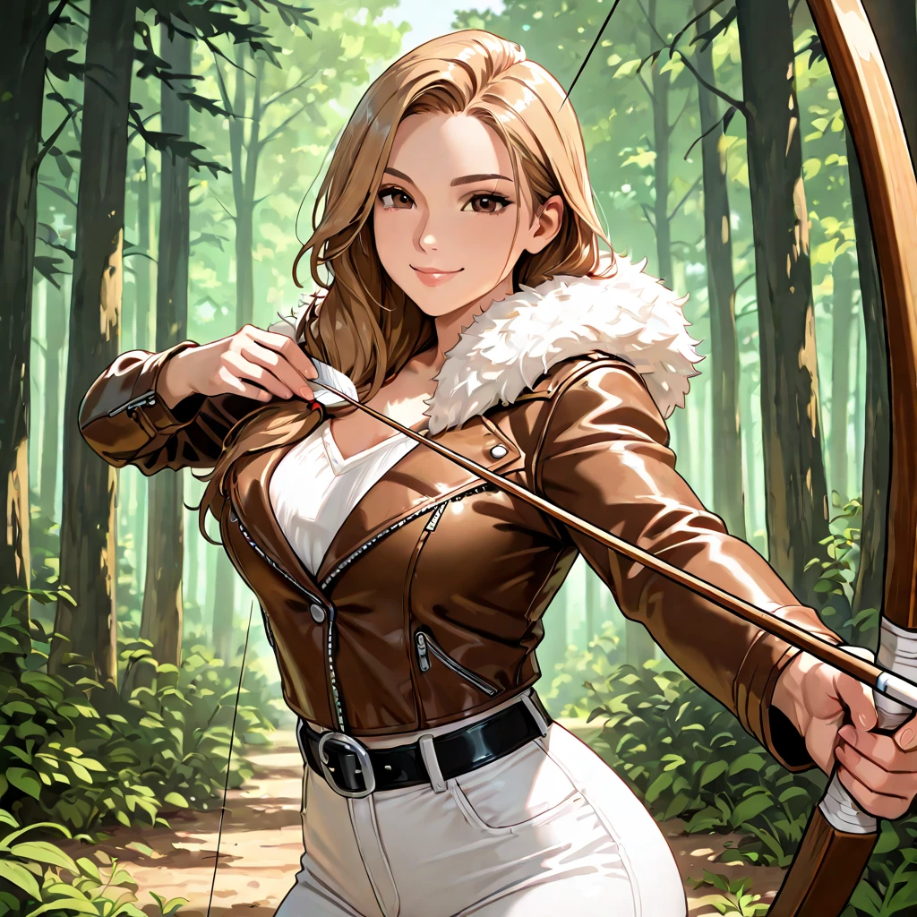Dark Blonde Hair, Hair Over Shoulder, Brown Eyes, Lips, Smile, Solo, Brown Leather Jacket, Fur Collar, Black Belt, White Pants, Looking at viewer, Bust, Close, Curvy, Forest, Holding Bow, Drawing Bow, Detailed Eyes, High Detail