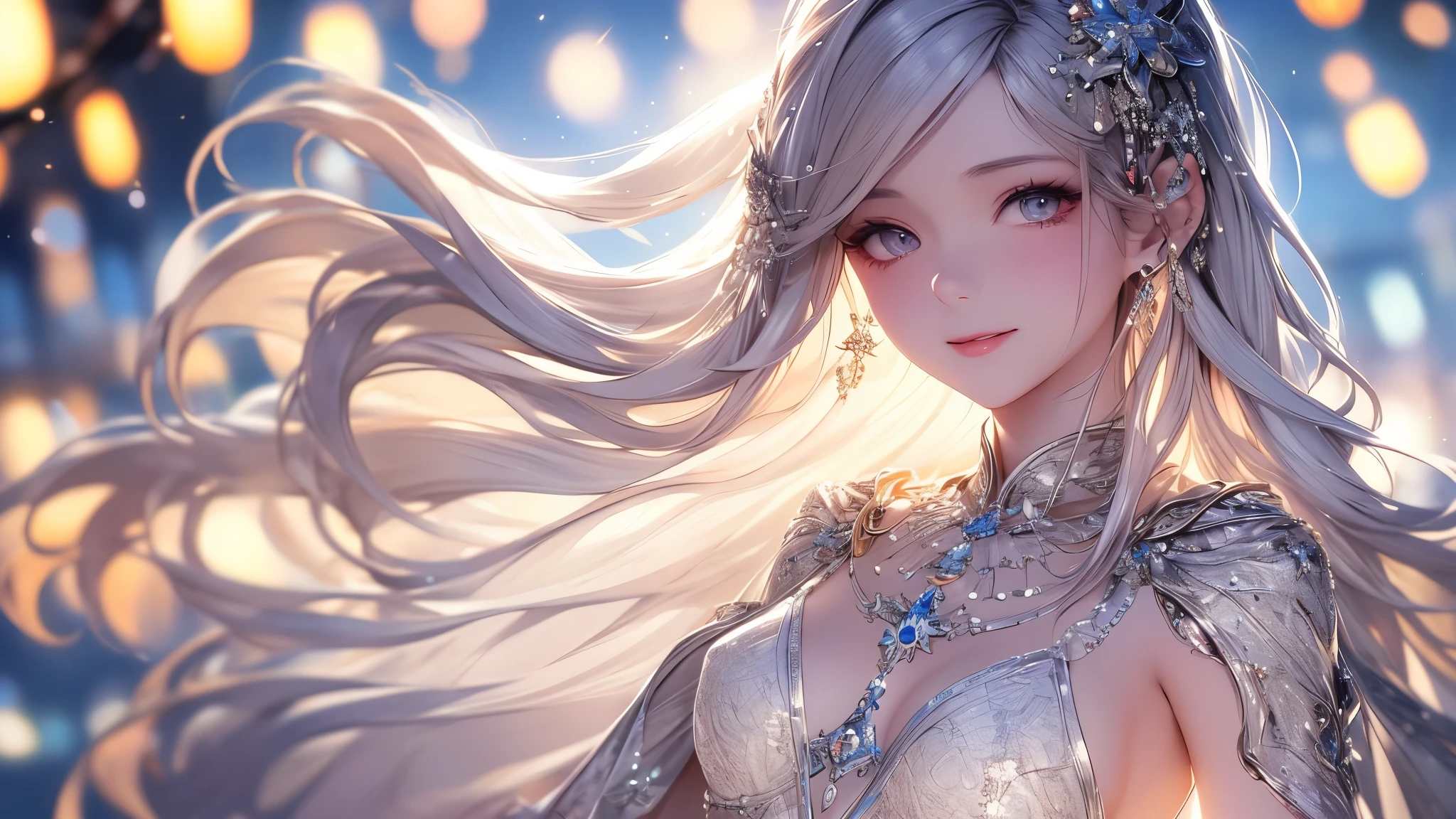 (masterpiece),(4K),High Quality,(small breasts),1 girl、 woman, Long Silver Hair ,pale skin,smile, beautifully detailed grey eyes, ( high-definition and elegant ),( white cape let fashion), magical colors and vibes, detailed skin from sleeve to chest,(Cute sparkle), light particles, The background is softly blurry ,Add a dramatic and iconic element to your scene, description boundary ahead of the large end, Bokeh, Silky to the touch , see-through silk, soft, lightweight garment、beautiful and neat face、The chest silhouette can be seen through、 hyper details,creates a dreamy and elegant atmosphere