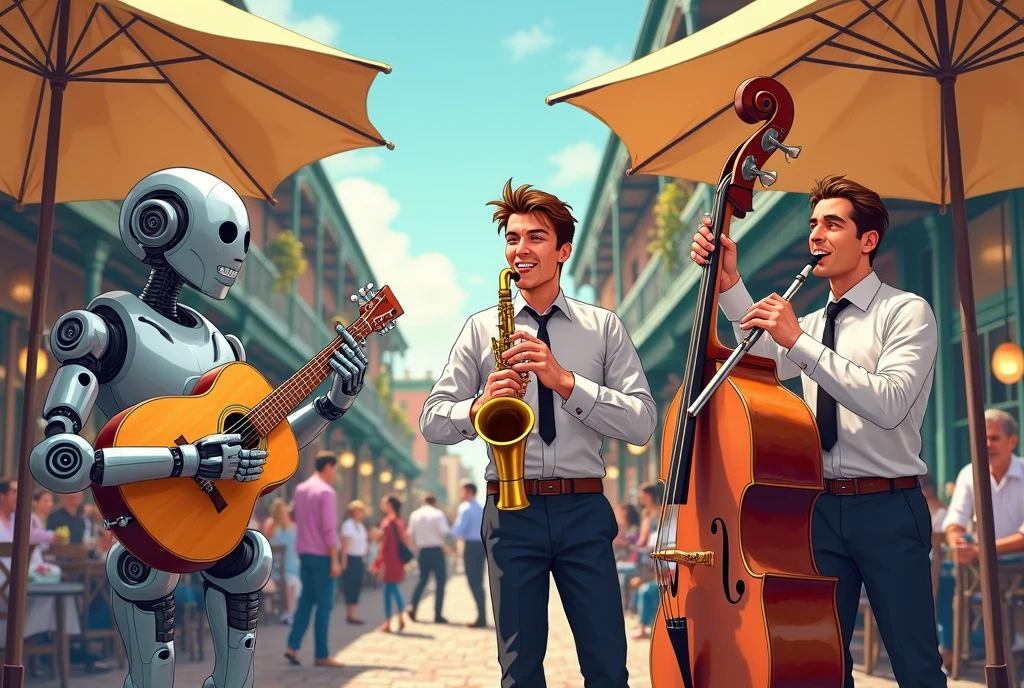 a meme style, HQ, cartoon of a jazz trio, consisting of a robot playing an acoustic jazz guitar, a man on upright acoustic bass, a man on clarinet. the men in the trio are dressed in a white shirt, black pants, and a tie. Above the trio are two beige colored umbrellas, guarding the trio from the sunlight. This scene takes place in a crowded courtyard restaurant in the French Quarter of New Orleans
