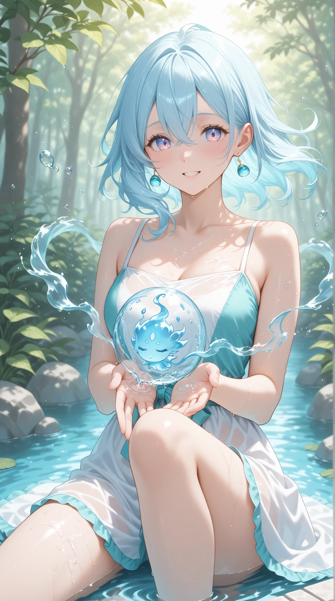 water elemental girl, blue skin made from water, short light blue hair with long front strands, amber eyes, in a light white translucent dress, stands at the spring in the forest, holds a bunch of medicinal herbs in his hands