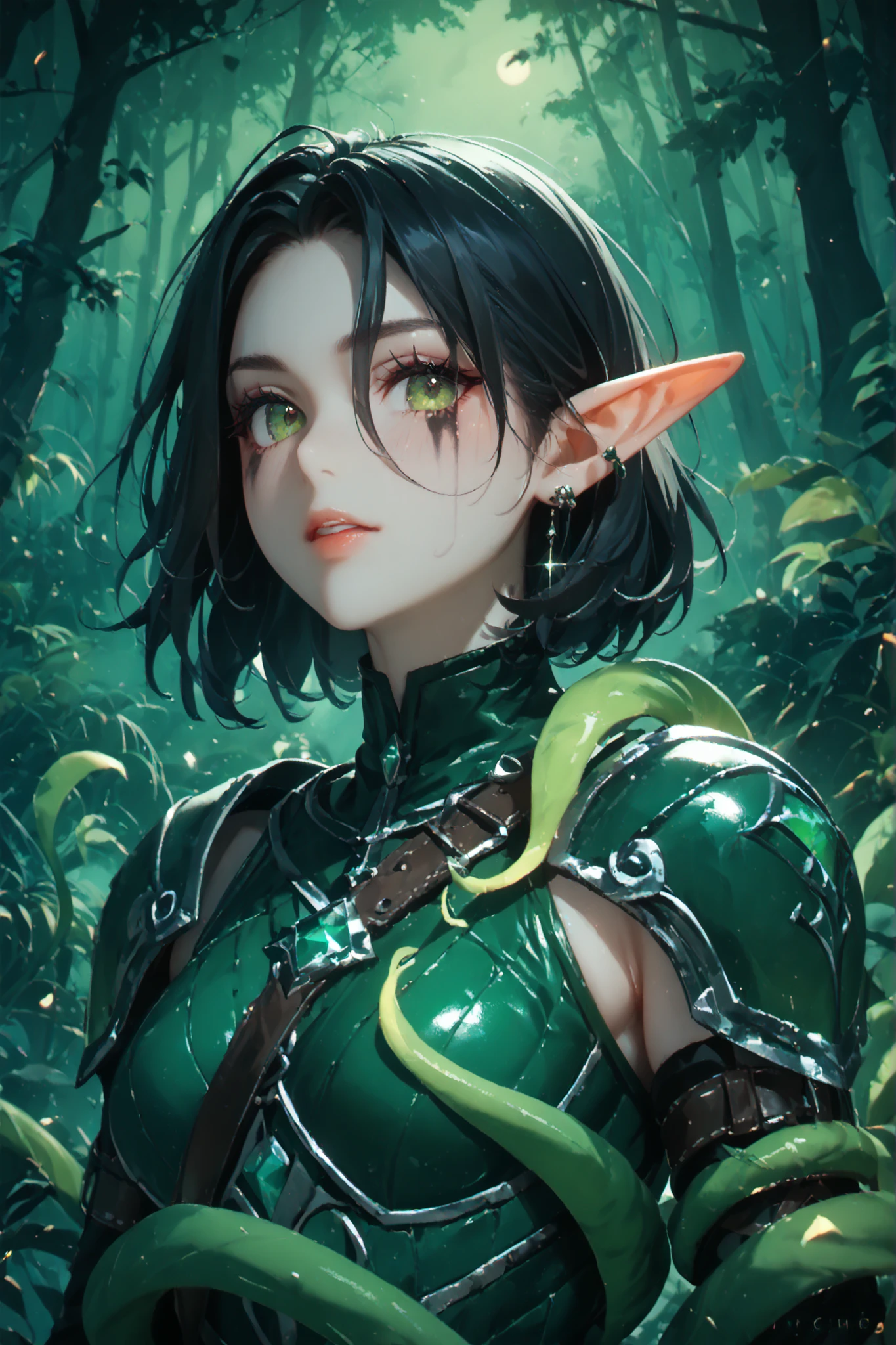 fantasy theme, short dark hair, elf ear, dark make up, runny make up, intricately designed green revealing armor, leather straps, gem embellishments, seated pose enveloped by glowing vines, cursed forest background with moon rays filtering through trees, vibrant and mystical atmosphere, dark shadows, cinematic lighting. stylized semi-realistic anime, intense expression, ultra-detailed fur and fabric. 8K, best quality