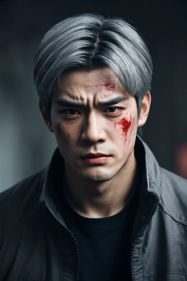 Japanese Man ((Gray hair)), muscular, цифровое искусство inspired by Zhang Han, very aesthetic black tactical jacket, Japanese room background ruin, ((masterpiece)), ((better quality)),8 k,Highly detailed, super detailed, depth of field, wide angle,1 boy, male focus, One, pretty face, blood on the face, neutral expression, cinematic pose of heartache in the eyes, surround lighting, Real skin texture, injuries, scars, ( lots of blood)