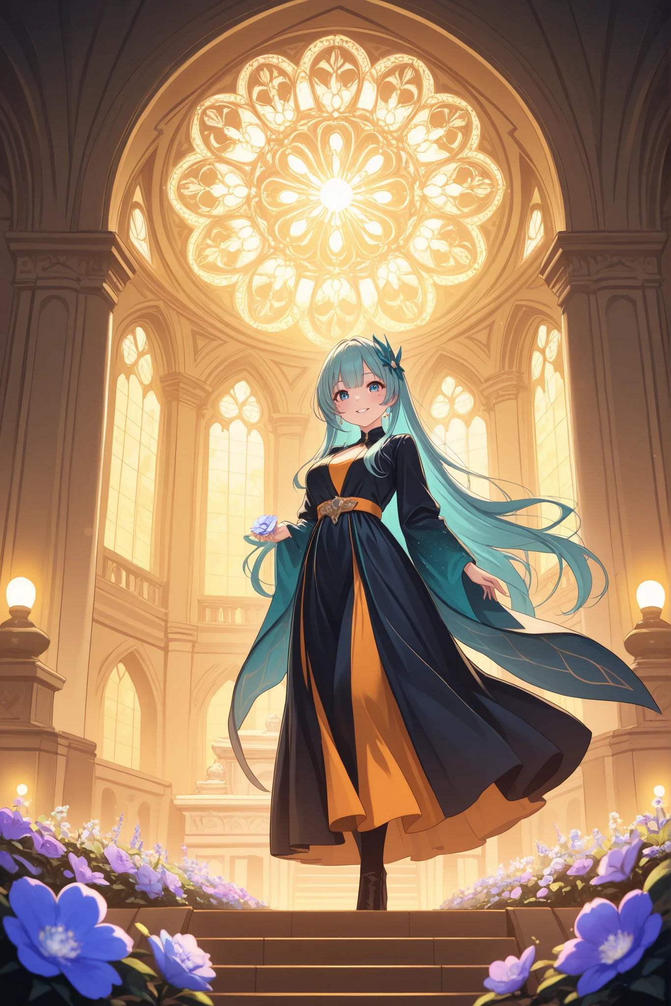 Idols,Detailed Facial Features, Merciful Expression ,Luxurious Neon Decor, Sacred Light ,fantastic atmosphere entwined with flowers, beautiful temple background ,4K resolution,Super Fine,photographic realism,expert level,bokeh effect,Warm colors,perfect balance