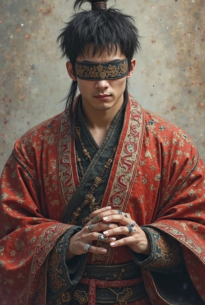 Short black hair. He has a muscular build and broad shoulders, wears an intricate cloak with bare shoulders., similar to that worn by Chinese emperors. He also wears a bandage decorated with a printed band that covers his eyes He wears nail protectors on the middle and index fingers of his right hand, as well as on the ring, middle and index fingers of the left hand