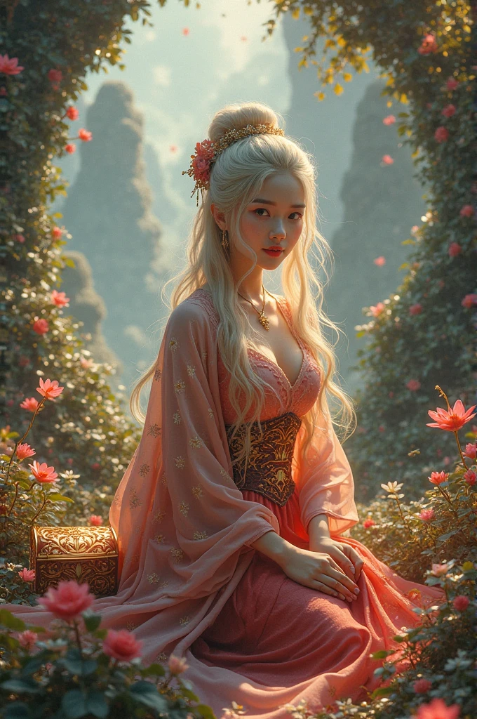 A beautiful blonde Chinese woman with a treasure chest next to her 