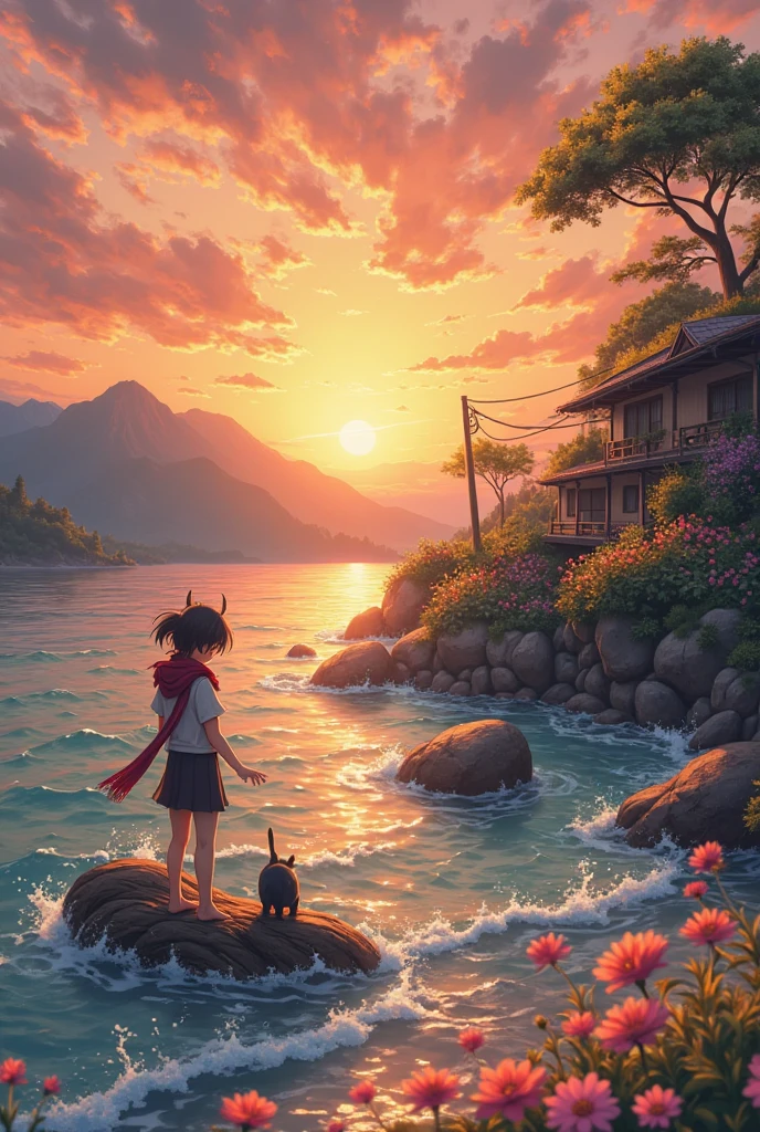 a small village by the river, mountains in the background, floral flowers colorful, detailed landscape, Beautiful nat[Opening Scene: Wide shot of the ocean at sunset, soft waves crashing]  
Voiceover (narrator, calm and reflective):  
"By the endless sea, a life clung to hope..."  

[Zoom in: A small, frightened cat stranded on a piece of driftwood, meowing helplessly]  
Sound effects: Gentle waves and the cat’s faint cries.  

[Cut to: A heroic figure—a young anime protagonist with wind-blown hair—appears on the shore, eyes full of determination]  
Hero (internal monologue):  
"I can’t just stand here… That little one needs me!"  

[Action Scene: The protagonist dives into the water, swimming against crashing waves, their energy bursting with resolve]  
Music: Intense and uplifting instrumental track.  

[Close-up: The protagonist reaches the driftwood, extending their hand to the shivering cat]  
Protagonist (smiling gently):  
"Hang on, little buddy. You're safe now."  

[Scene Transition: Both emerge from the water, the cat clinging to the protagonist’s shoulder]  
Voiceover (narrator, heartfelt):  
"Kindness creates ripples, small actions echoing across the world."  

[Closing Scene: Protagonist wraps the cat in a warm scarf, as they both watch the sunset together]  
Text on Screen: "Rescued by courage. Fueled by compassion."  

[End Screen: "Subscribe for more heartfelt anime moments!"]  ural landscapes, atmospheric lighting, scorching sunset, warm colours, practical, photopractical, Detailed Foliage, complex buildings, cobblestone street, Charming country house, swirly vibrant colors, lush vegetation, Still water reflections, Picturesque, idyllic, work of art, best qualityer, 8k, extremely detaild,anime styling