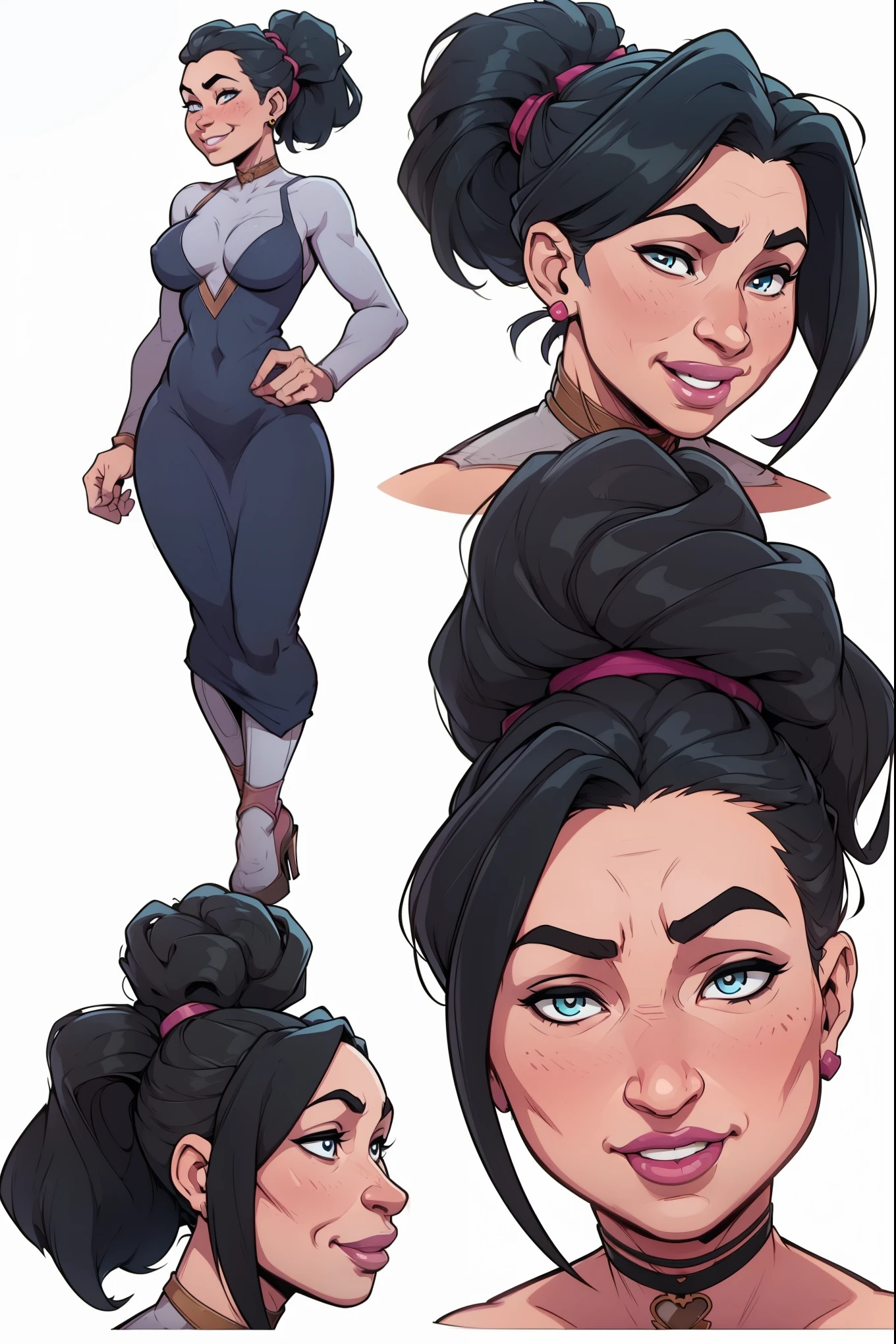 mari, wide hips, black hair, 1girl, cms, (ponytail), k4r3nh41r, exaggerated inflated legs, 4k, highly details, (((tiny breasts))), ((elegant evening gown)), sensual, 4k, highly detailed face, perfect skin, detailed face, focus on eyes, anatomically correct, ((((reference sheet, simple white background, (multiple views))))), (cheeky smile, blushing)