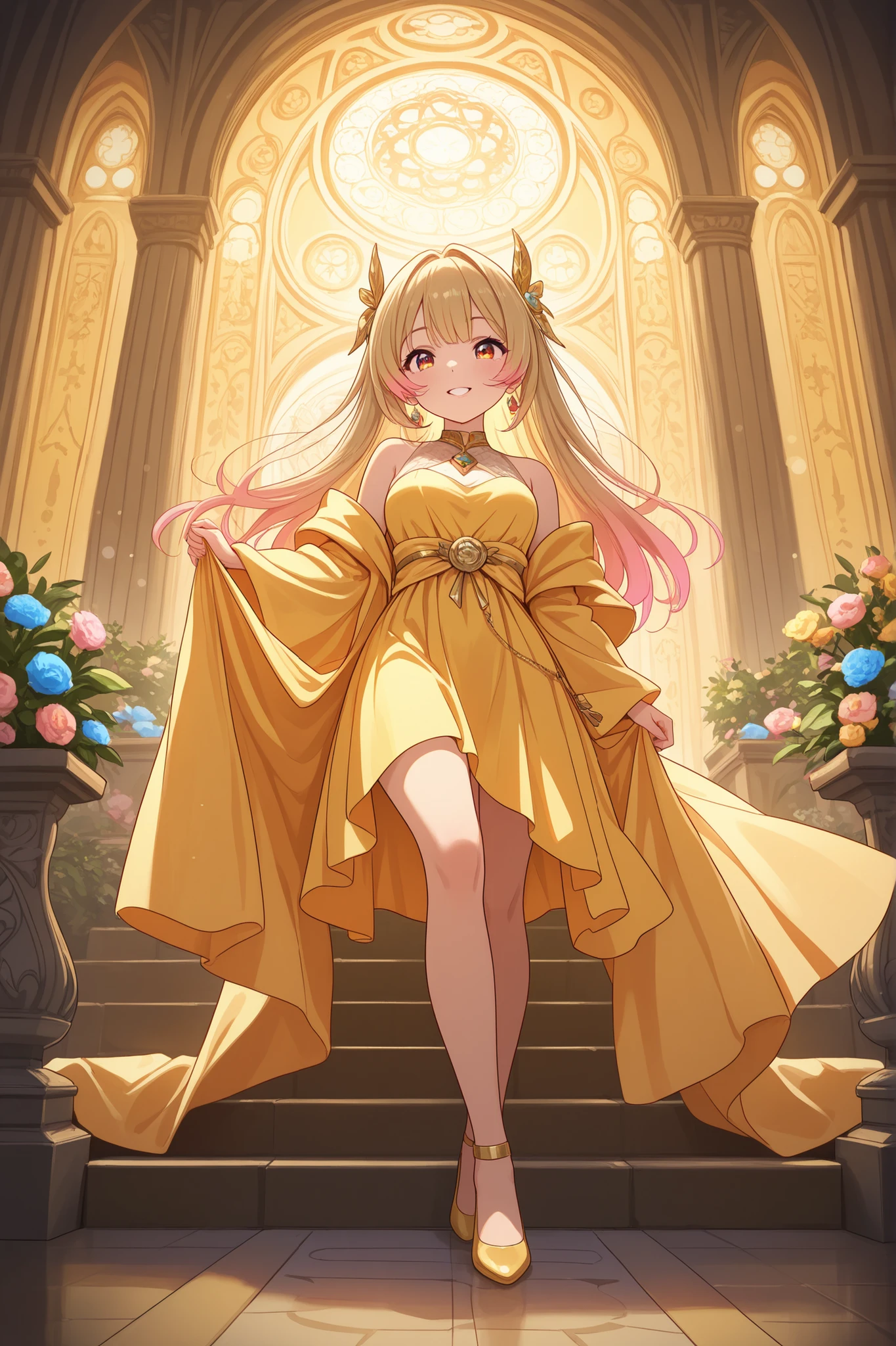 Idols,Detailed Facial Features, Merciful Expression ,Luxurious Neon Decor, Sacred Light ,fantastic atmosphere entwined with flowers, beautiful temple background ,4K resolution,Super Fine,photographic realism,expert level,bokeh effect,Warm colors,perfect balance