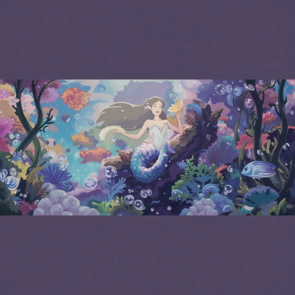 A scene of best quality, masterpiece, 8k, vivid and colorful quality, BREAK showing a seascape and (undersea:1.6) environment, BREAK where (a mermaid with tanned skin:1.6) and many (tropical fishes:1.4) (dolphins:1.2) and (jellyfishes:1.2) are present, BREAK in a christian lassen style.