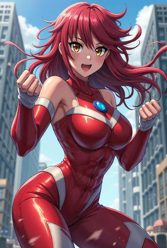 1girl, medium breasts, leotard, red leotard with blue accents, bare legs, boots, matching boots, bracelets, spins fast in place like a tornado, solo, single, standing, full body shot, cowboy shot, beautiful detailed eyes, blue eyes, mature lady, red hair, medium hair, superhero, time warp, spread arms, magic, rapid gyration, super spin