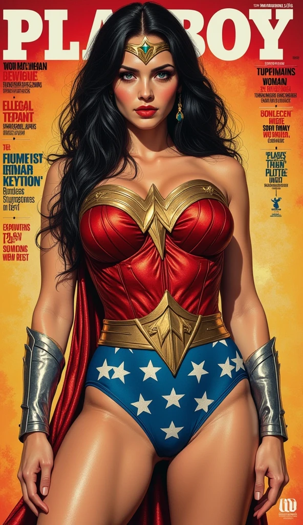 There is a poster of Wonder Woman in costume, A wonder women (A wonder women (A Wonder Woman)), (intriciate detail, makeups), (detailed beautiful delicate face, fine beautiful delicate eyes, a face of perfect proportion), (Glossy skin: 1.0), fine detailed skin, strong and realistic blue eyes, middle length wavy black hair, lip, makeups, Natural skin texture, tiara, red and gold bustier, blue leotard with white stars, silver bracelets, (Red knee high boots:1.2), golden belt, (Wonder Woman clothing:1.0), bare shoulder, ((light tan skin: 1.4)), mature, Sexy, elastic muscles, (Muscular: 1.2), ((strong and healthy body)), ((((the more) Muscular))), Long leg, curved, (Big breasts: 1.3), cleavage, rib, thin-waist, soft waist, (fine detailed skin), (beautiful and sexy woman), (swollen lips: 0.9), (eyeslashes: 1.2), very delicate muscles, perfect body figure, perfect anatomia, perfect details, perfect fingers, perfect limbs,Corey Loftis (Corey Loftis) style of, Inspired by Vincent Lefevre, Style of Kyrill Kotashev, Pulp Style Poster, Yoji Shinkawa : : portrait of a, Works inspired by Lev Lvovich Kamenev, Poster Illustration, OFFICIAL PRINTING, Karl Kopinski(Karl Kopinski)Inspired by,((Magazines:1.3)), (((cover-style:1.5)))