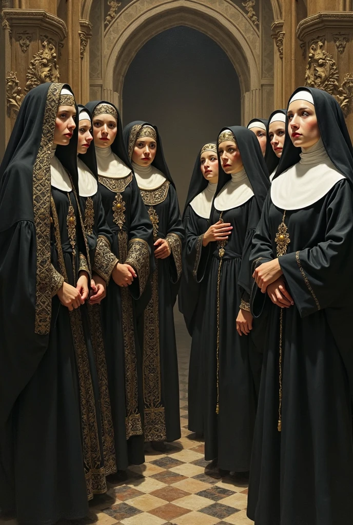 Several women in nuns stand in a line in front of a crowd, Directed by: Marina Abramović, Directed by: Artur Tarnowski, cena de supplizia, [ arte digital, cena de um filme 1 9 7 3, historical image, colorido, Directed by: Elsa Bleda, Fotografia colorida dos anos 1960, fotografia colorida antiga, in a row