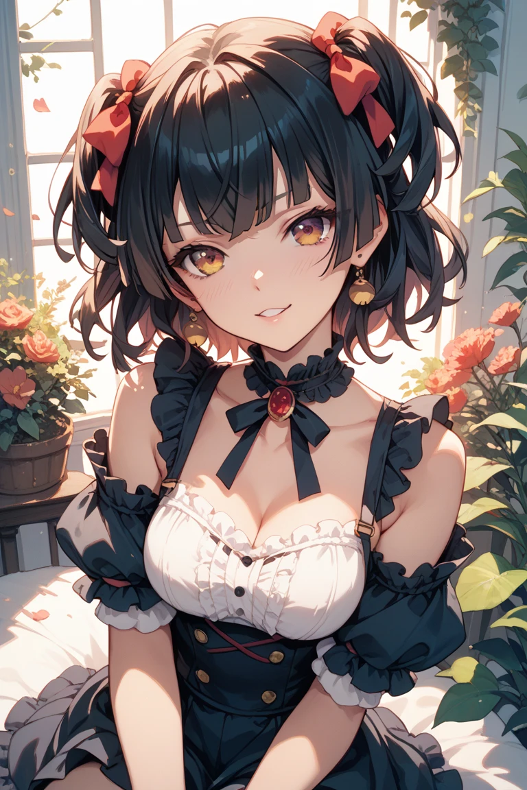 score_9,score_8_up,score_7_up,source_anime,perfect anatomy,score_9,score_8_up,score_7_up,source_anime,perfect anatomy, masterpiece, best quality, very aesthetic, absurdres, highly detailed, 1girl, maekawa miku, green eyes, solo, breasts, looking at viewer, smile, short hair, hair ornament, short pink kimono, dress, thighhighs, animal ears, closed mouth, cleavage, bare shoulders, medium breasts, ponytail, frills, detached sleeves, cat ears, fake animal ears, detached collar, bell, leaning forward, floral print, garter straps