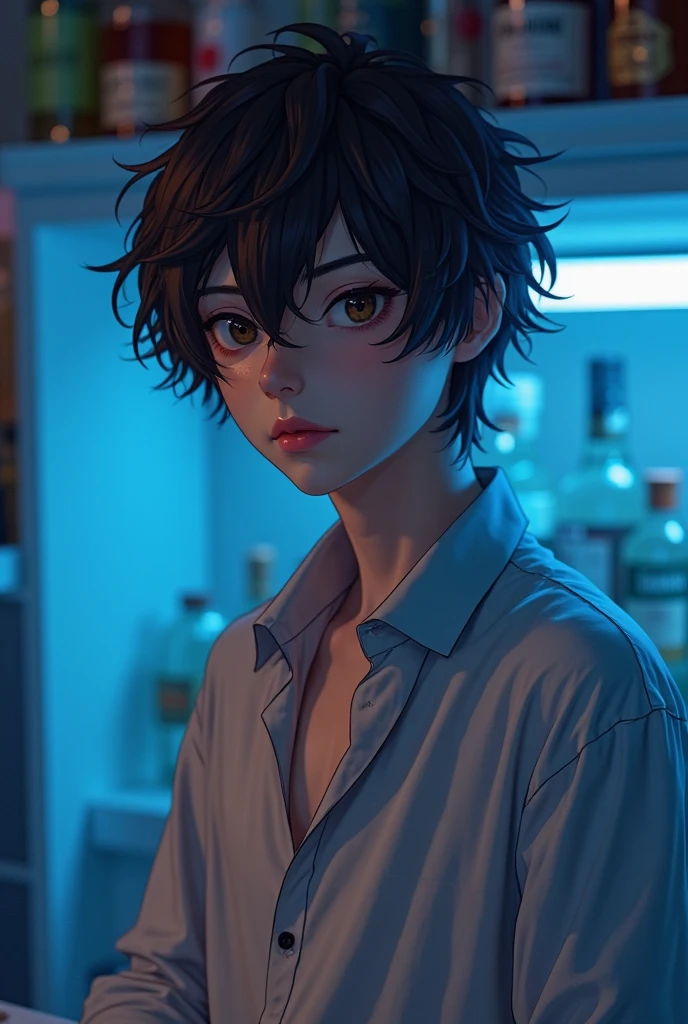 Young guy, sharp and clear  features, pale skin,  black shoulder length hair, dark brown eyes,  he's wearing a , sleeves rolled up, two buttons unbuttoned, he's standing behind the, counter, a blue light illuminates him, in the background of a bottle of alcohol