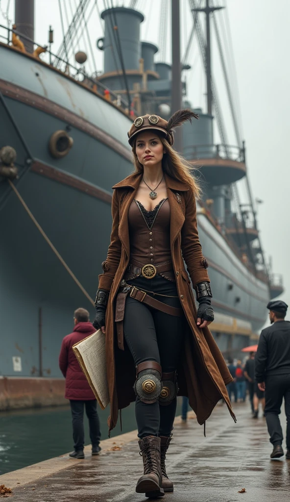 The boat is covered with rivets and intricate pipelines，and the steam piping together to create a retro and technological picture {x} The giant metal airship is docked like a giant beast on a metal bracket。I have a necklace in the shape of a gear hanging around my neck，and steam pipes constantly spewed out，with her right hand。and this steampunk-style sky harbor The gear device around，The gear-shaped metal sheet with the edge shimmers shimmer under the steam。x} Show your skill and bravery when you throw your hands and feet，The rivets between the iron plates were clearly visible，A quaint atmosphere。
A woman in it，wearing a brown leather tunic。The leather straps on both sides of the leg are adjustable and elastic，The metal knee brace reinforced at the knee has a unique pattern。and the black pants and horse lines with，has a firm eye and is full of desire to explore the unknown，rotates slowly under steam power。From time to time, she looked up at the airship，and has a few conversations with the busy crew around her。
The copper buttons and zippers on the jacket are exquisite，and made a “hissing” sound，as if recording time and adventure。The ground of the port is covered with thick iron plates，and the black pants and horse lines between the iron plates were clearly visible。At the steampunk-style airship harbor，Feathers fluttering with the wind 。now，, she walked confidently at the harbor，holding a nautical chart，and looked up at the airship，, she has a flying hat with feathers on her head。in the middle，The woman wears leather bracers with a dial on her hands，were constantly spewing out of the mouth，with a smoky city skyline looming in the distance。