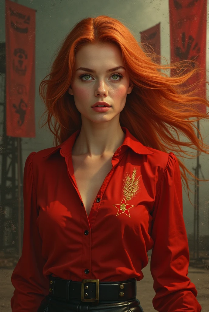 A stunning red-haired woman with intense green eyes, wearing a stylish red blouse with a subtle golden embroidery of a star and wheat motif on the chest, hinting at Soviet symbolism. She stands confidently against a moody background with faded red banners and abstract industrial shapes. Her hair flows dramatically in the wind, and her expression is calm but commanding. The lighting is cinematic and warm, highlighting her features — ultra-detailed, vertical composition (9:16), realistic digital painting style.
