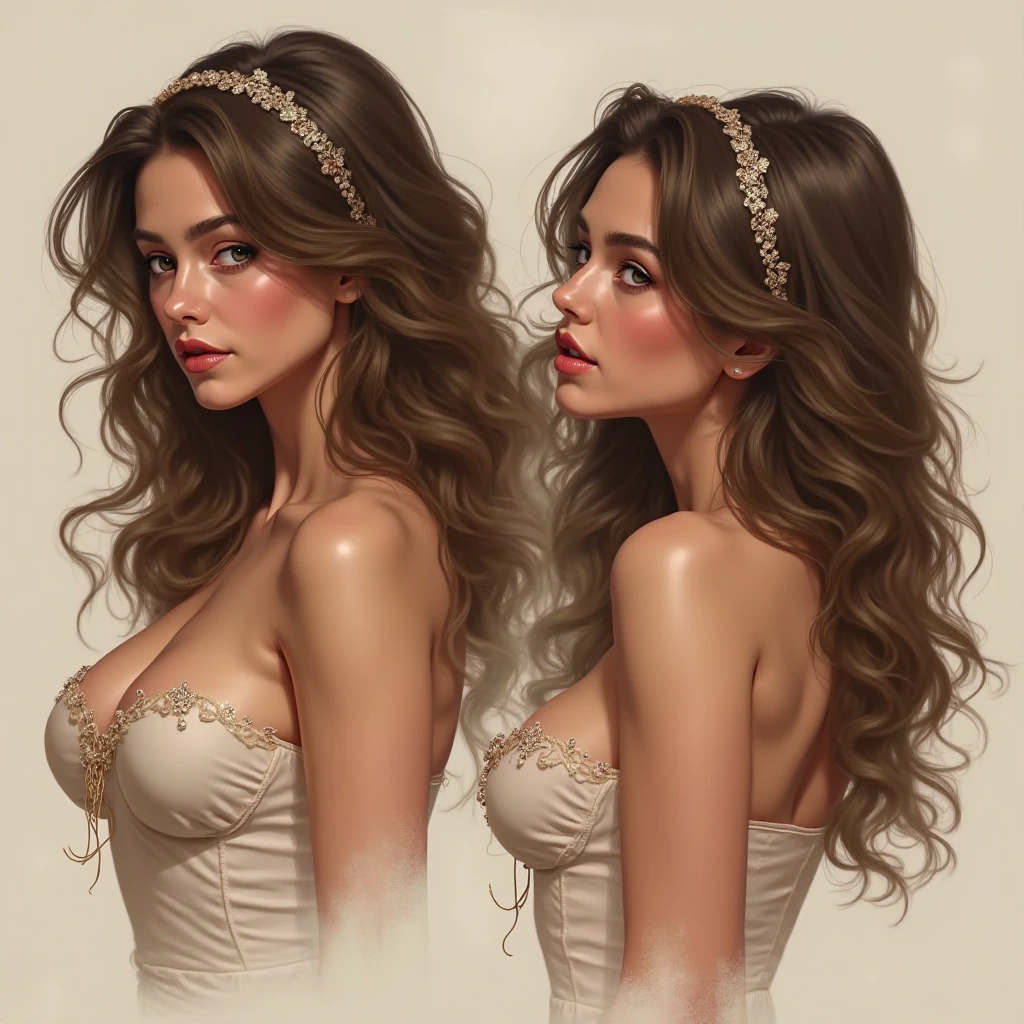 1girl, Masterpiece, Brown Hair, Large breasts, Open Mouth, Simple background, Multiple Views, Hairband, Impressionism, 