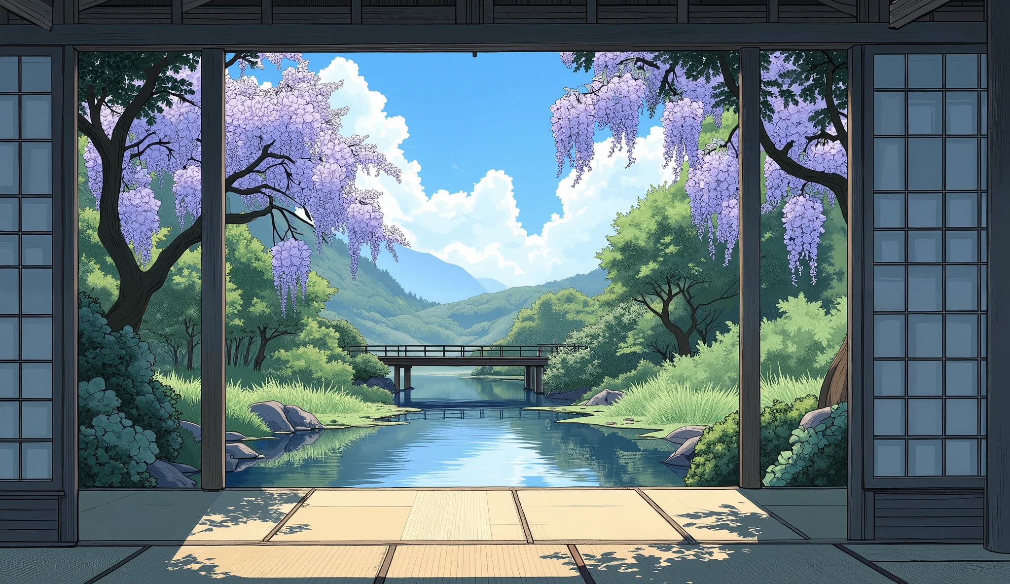Garden seen from a Japanese Japanese-style room,tatami,Pool,Plants,purple wisteria flower,Sunlight,blue sky,cloud