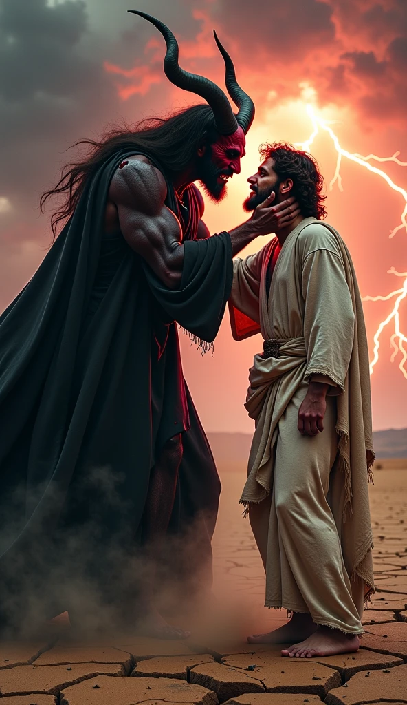 /imagine Sentence: "In an intense battle scene, Jesus and Satan are locked in a cosmic struggle, symbolizing the eternal conflict between good and evil."
Prompt: "A dramatic battle scene with Jesus and Satan facing off in a cosmic struggle. The scene symbolizes the eternal conflict between good and evil, with a stark contrast between light and darkness."
Sentence: "Jesus stands on one side, bathed in a radiant, golden light that seems to emanate from his very being."
Prompt: "Jesus standing on one side, surrounded by a radiant, golden light that shines from his body. The light is warm and bright, symbolizing purity and divinity."
Sentence: "He is depicted in traditional robes, but his demeanor is fierce and resolute, showing both compassion and strength."
Prompt: "Jesus dressed in traditional robes, with a fierce and resolute expression. His eyes show both compassion and strength, ready for the battle ahead."
Sentence: "In one hand, he holds a glowing sword, forged from light, representing truth and righteousness."
Prompt: "Jesus holding a glowing sword in one hand, the blade made of pure light. The sword represents truth and righteousness, with a divine aura around it."
Sentence: "His face is calm but determined, eyes piercing as they focus on his adversary."
Prompt: "Close-up of Jesus' face, calm but determined, with piercing eyes that focus intently on his adversary. His expression is both serene and powerful."
Sentence: "Opposite him, Satan is surrounded by shadows and dark flames, a figure of terrifying power."
Prompt: "Satan stands opposite Jesus, surrounded by swirling shadows and dark flames. His form is imposing and terrifying, exuding a sense of malevolent power."
Sentence: "His form is twisted and demonic, with a muscular, almost monstrous build."
Prompt: "Satan's twisted, demonic form with a muscular, monstrous build. His body is warped and intimidating, emphasizing his evil nature."
Sentence: "His skin is dark and cracked, with red eyes glowing o