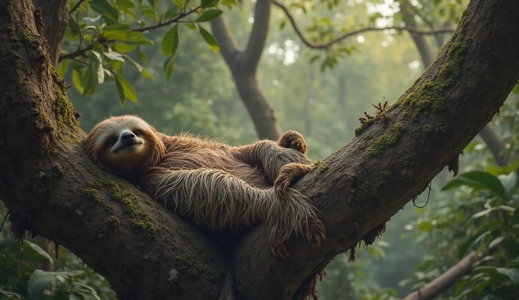 in a forest full of large trees. There is a sloth on a huge tree branch. . A sloth is covered with brown or gray fur and has long arms that it uses to cling to trees.. His face shows fatigue and laziness, and his eyes are almost closed. He is lying on a branch. His body is comfortable and relaxed..
• Image : shows a sloth lying on a tree branch, eyes closed, and thick trees surround it
