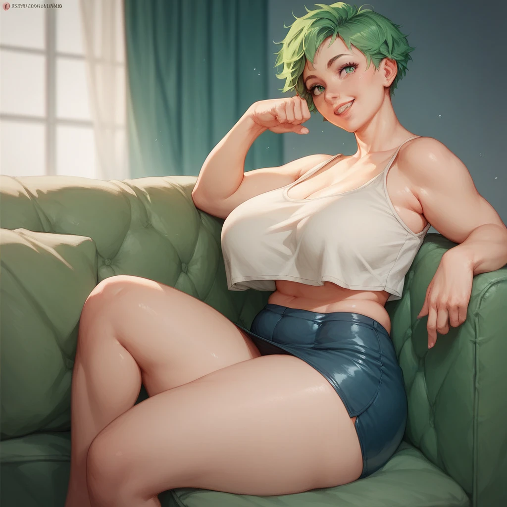 (nsfw: 1.5)), bedroom, ((lingerie)), squat on top of viewer, (cowgirl_sex_position), sweaty body, ((green eyes)), big eyes , wide bold lips, angle from below , pale, pale skin, extremely voluptuous curvy body , super realistic skin, super detailed face, ((green hair, short hair, curly hair)), attractive long legs, small breasts with deep cleavage , perfect abs , thick calves, sweaty body, attractive smile, cheek blushed , photorealistic, 8k, ultra realistic.