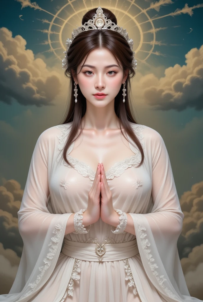 A beautiful woman in Chinese treditional outfit gently with right hand in blessing mudra, Kuan Yin, large breasts, deep cleavage, ((see through)), navel, white silk robe flowing with the wind, golden cloud of heaven background, glowing aura of compassion, traditional art with floral patterns and golden trim