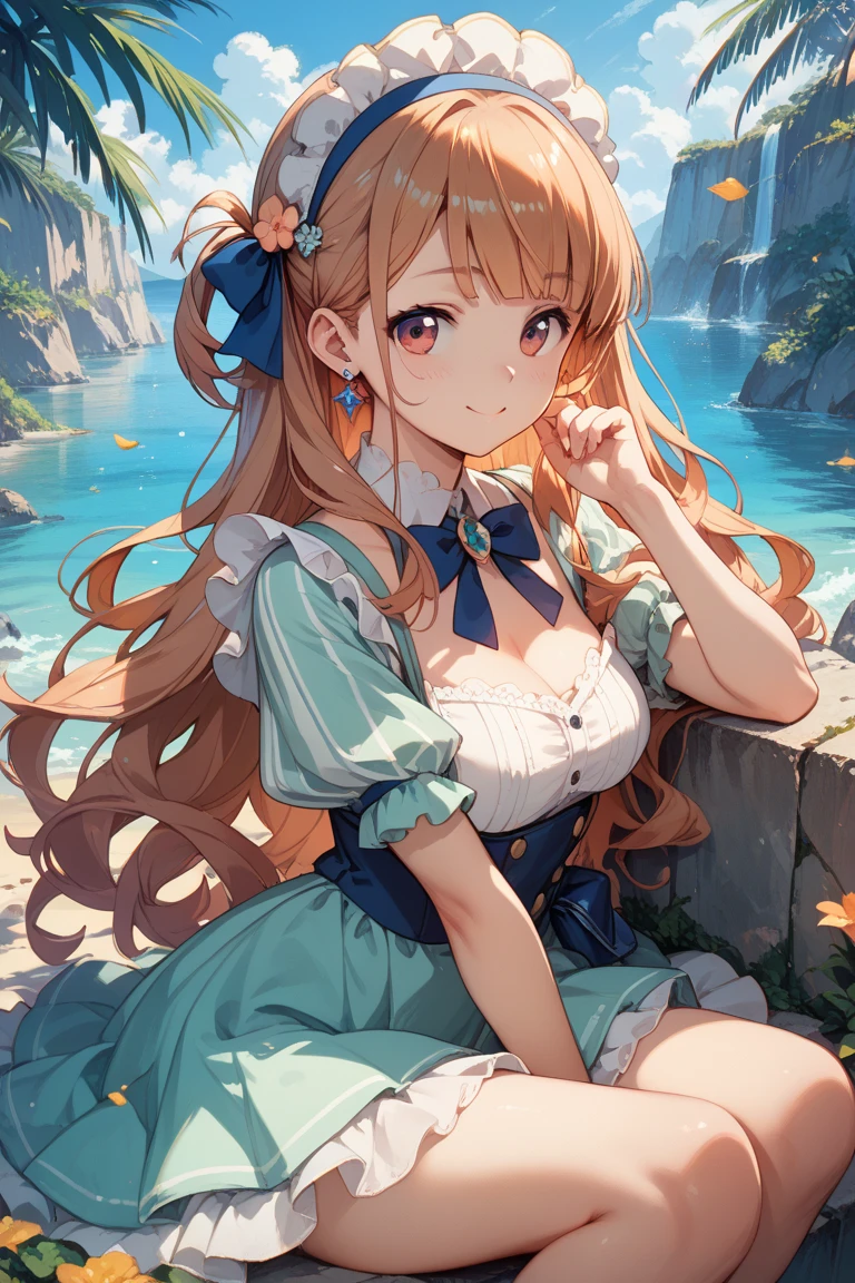 Detailed,looks into camera,blue skirts,Garland on the head,Sit by the water,Detailed face,Sexy,Plump posture,Sit by the water