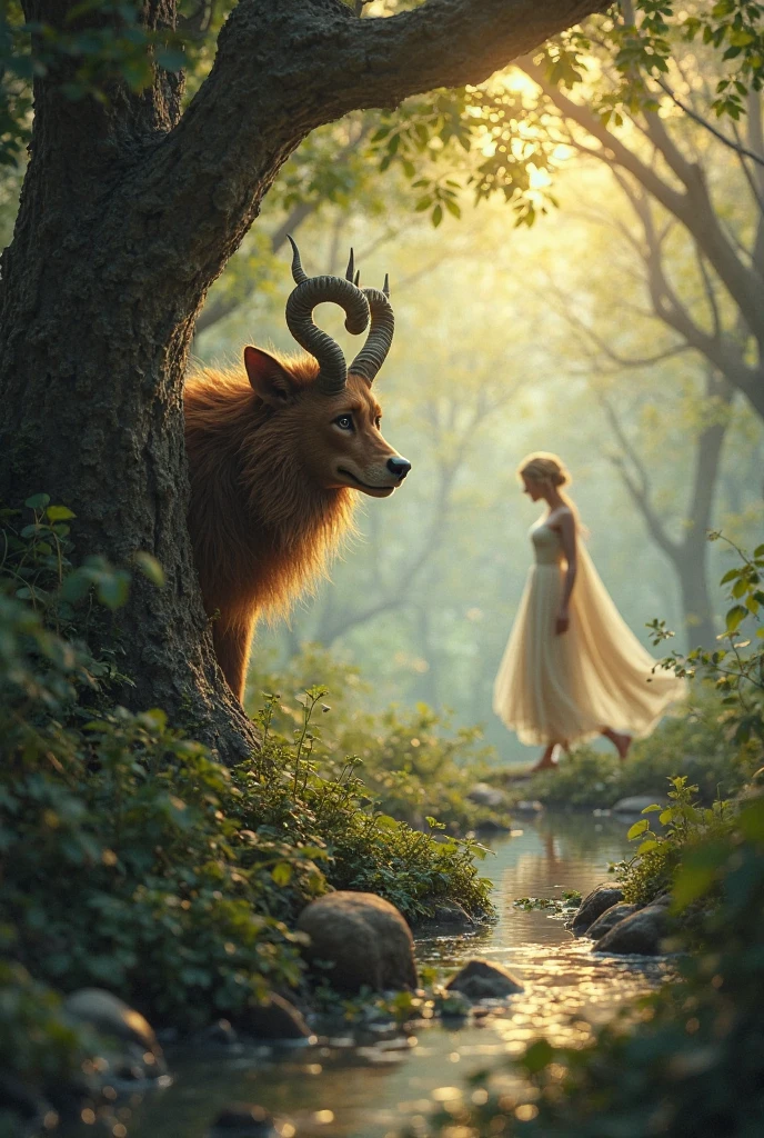 Pan, the god of the wild nature of Greek mythology, half man, metade bode, with twisted horns, wild eyes and expression of mischievous desire. Com sua flauta de Pan em uma das mãos, peeking behind a thick and ancient tree in an enchanted forest. half man, metade bode,  with brown fur , curved horns and curious and mischievous eyes, he silently observes a nymph in the distance. A ninfa, beautiful and luminous, dances alone near a stream under the golden light that crosses the leaves. She wears a light dress that floats with the wind and has a magical aura around her. The setting is mystical , with low fog , dense vegetation and a serene environment, but with a tension in the air. Realistic 3D art, with a wealth of detail in the expressions, in the light and in the surrounding nature.

