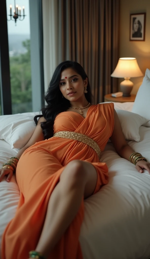 (Full body portrait:1.2),(((Sharpen))), hotel room, RAW, 8k, hard light, realistic skin texture, (((photorealism)), closeup, there is a woman, she is forty years old, looking like indian babe, she is very beautiful, she is so sexy. She wear blue dress low neck. Wearing gold with a cross pendent