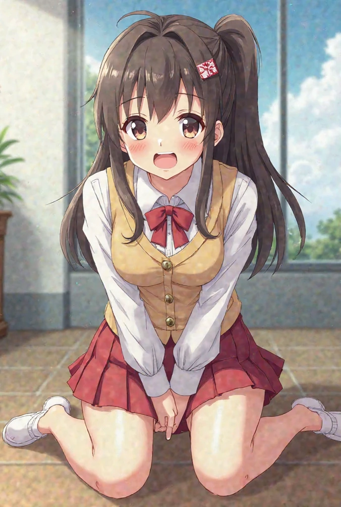 nsfw,suzune horikita, Red eyes:1.3,Grassland,cowboy shot,(((knees up))),Medium chest,Hair Ribbon,uniform,sweaty,wet,White panties,