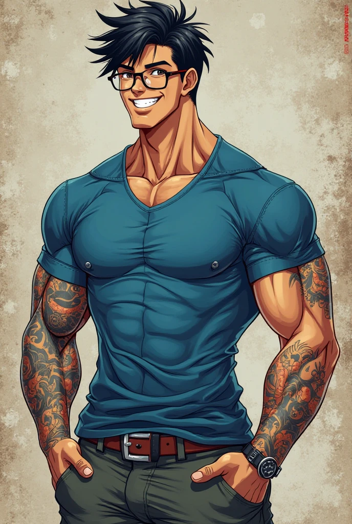 A shirtless guy is very well built and is posing attractively with his bl manhwa style mischievous smile like teejo but with black hair