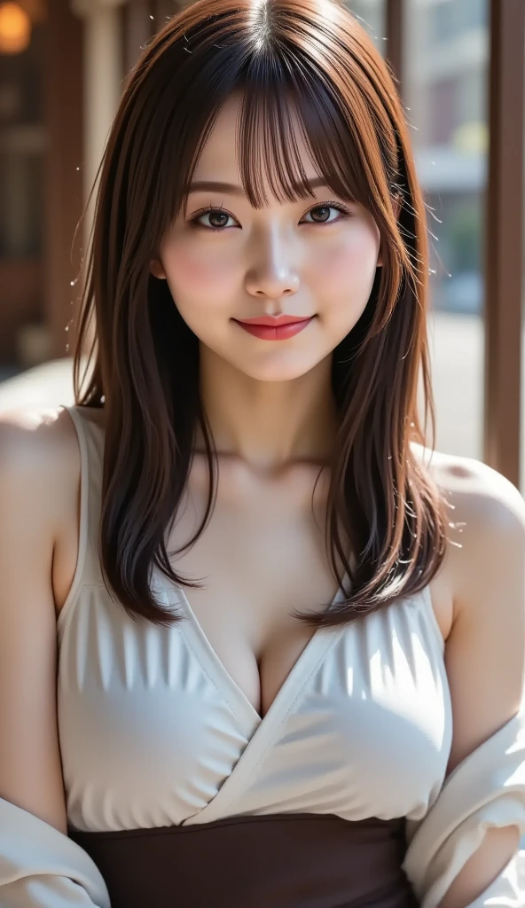 (8k、RAW Photography、top-quality、masterpiece:1.2)、(realisitic、Photorealsitic:1.37)、ultra-detailliert、超A high resolution、1人、see the beholder、beautifull detailed face、a smile、Constriction、(slim waist) :1.3)、The shirt、Beautiful detailed skin、Skin texture、floated hair、profetional lighting、large full breasts、eyes gentle、White sleeveless、Look,A sexy、valley