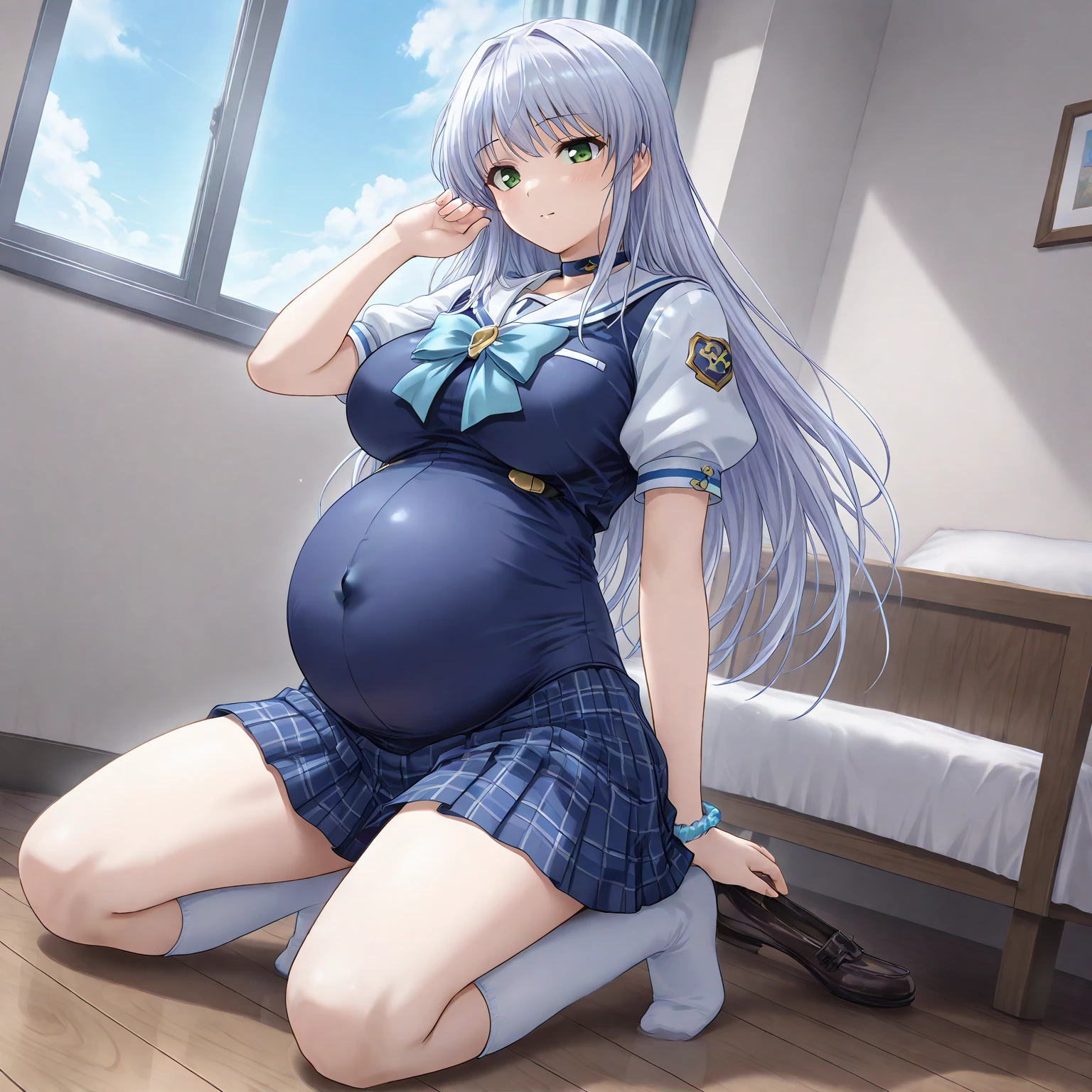 (masterpiece, best quality), 1girls, big belly, blurry background, huge belly, art by kipteitei, round belly, chubby, curvy, white button-up shirt, skirt, thighhighs, simple_background, gradient_background, belly bursting out of shirt, belly grab, enormous belly, fat belly, thicc, bigger belly, sitting on chair, really big belly, jiggly belly, shirt covering belly, belly cover by shirt