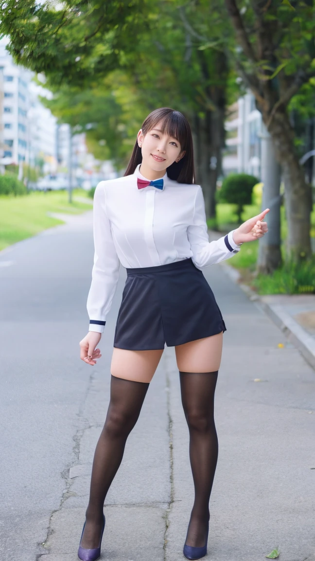 Woman in a suit standing on the sidewalk,((25-year-old woman))、Big Breasts、Dark brown hair color、Hairstyle with bangs、Various hairstyles、Hairstyles of different lengths、(8k, RAW Photos, highest quality, Tabletop: 1.2),、(Realistic, Realistic: 1.3), Cityscape,office district, Day, Sunny Morning, Professional Lighting, Photon Mapping, shirt, (Woman in a suit:1.1), ((dark Blazer:1.2))、dark A-line skirt、(dark Tight Skirt:1.3)、necklace, ((Delicate photo))，(Detailed RAW Photos of Girls), (Tabletop:1.25), (highest quality:1.3), (high resolution:1.4), (Realistic:1.75), 8k resolution, Canon EOS R5, 50mm, absurdes, Ultra-detailed,Cinema Lighting, (Skirt Lift:1.4)、nsfw、smile、(race white panties), Skirt flipped up、(full body shoto), all body