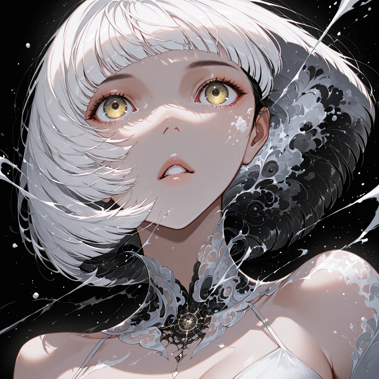 masterpiece, top quality, so beautiful,  digital art ,  surreal, dynamic composition, 1 girl, solo, black background, bungs, portrait, blunt bungs, paint, short hair, parted lips, paint splatter, black hair, viewers, Yellow Eyes, white hair, bob cut
,very detailed, hyperrealistic, 8k, dynamic angle, illustrations, intricate details,masterpiece, so beautiful, absair dress, 