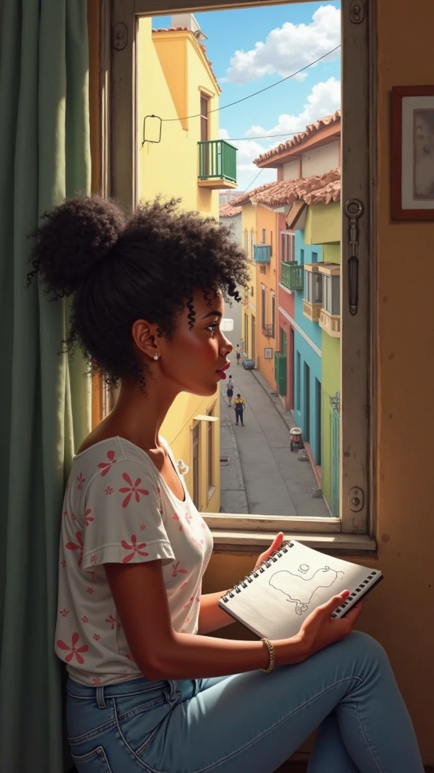 Prompt 1
Lisiane, 19-year-old woman,
simple bun hairstyle, black curly hair, thoughtful expression,
wearing a white floral blouse and light blue jeans,
sitting by a window with a drawing notebook in her hands,
looking outside where s play on a narrow street in Salvador's suburb,
background shows colorful low-income houses with laundry hanging, late afternoon light,
digital painting in a soft, semi-realistic style.

