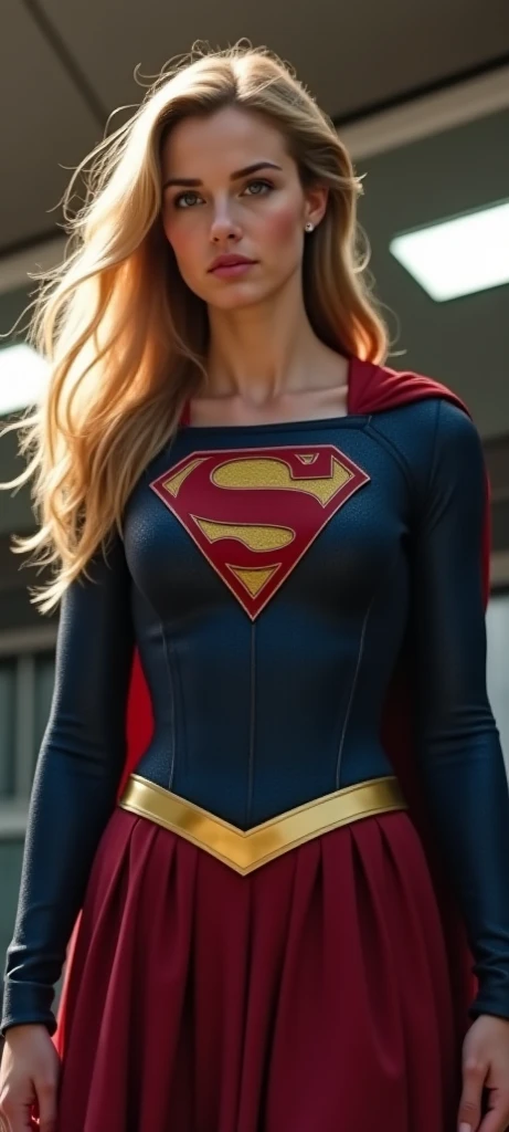 Photo RAW, chloe bennet as Supergirl, (highly detailed skin: 1.2), 8k UHD, DSLR, soft lighting, high quality, film grain, Fujifilm XT3