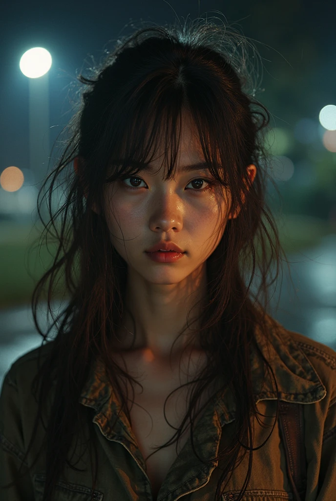 22 year old Japanese woman、brown hair and long unkempt hair、sitting in a park at night, with a sexy visual, Wearing rough clothes, creates an image of a woman with an impeccable face. One electric light in the dark、enhances her image in an attractive and stylish way、