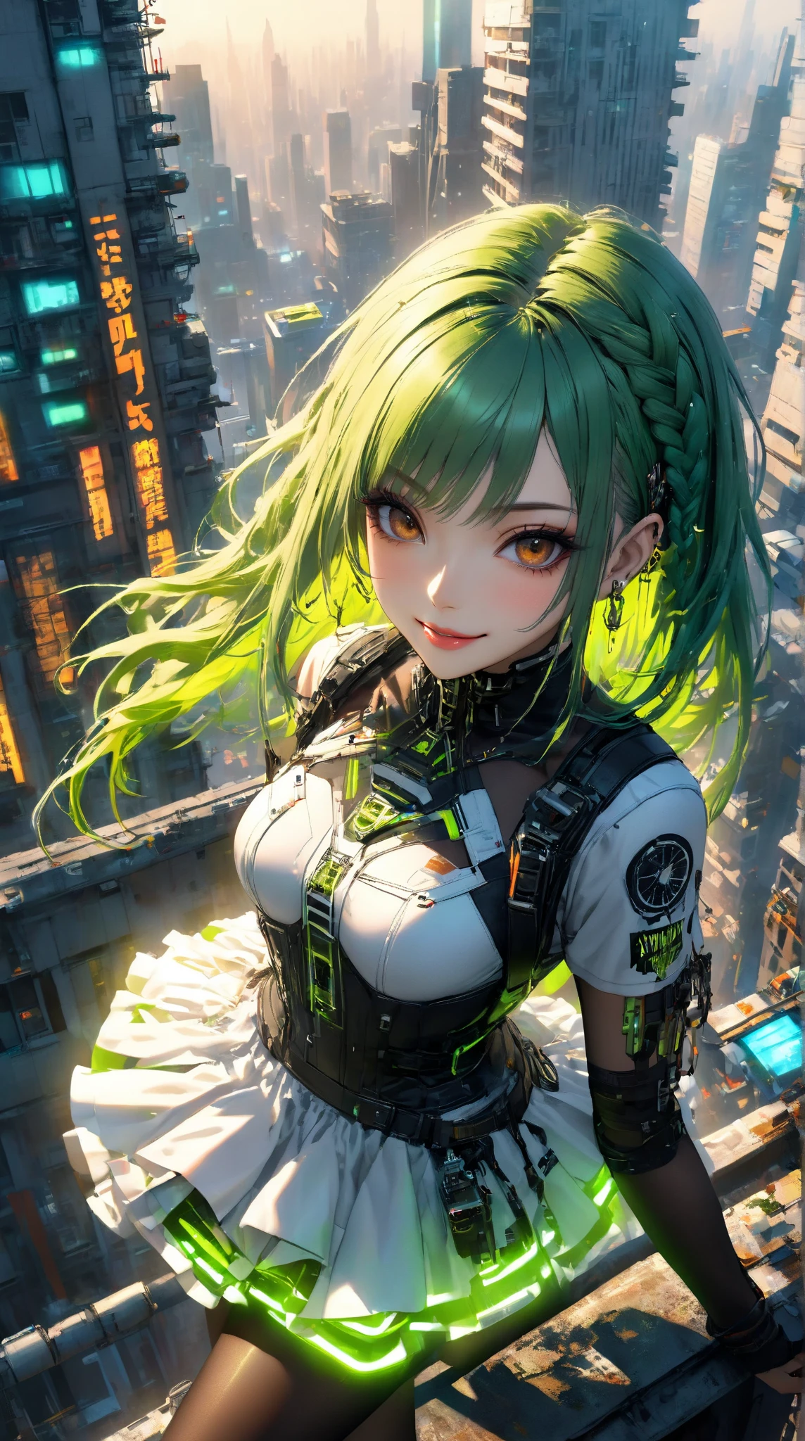 Super realism、hyper realstic 1girl.cyberpunk、
(Green hair color、brown eyes)side braids, smile、face、wear a cyberpunk gothic white ta design miniskirt dress、tights、 Gothic Accessory、piercing、eyeshadow、lip、where the sun shines、I'm on the roof of a building with a helicopter nearby、(portrait angle:1.2)（ morning glow）（smile）