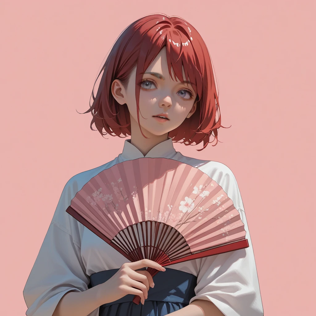 pink background girl with round fan red hair anime style illustration